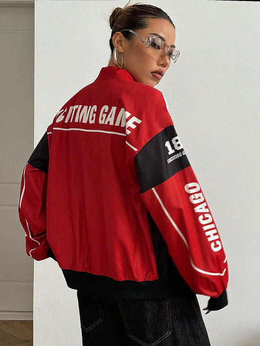 Racing Print Bomber Jacket Streetwear Style for Women