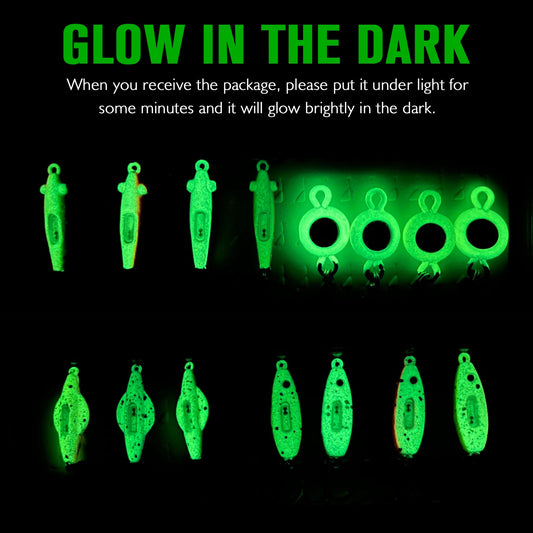 Ice Fishing Jigs Set - Glow In The Dark -Rattling - Treble Hooks,