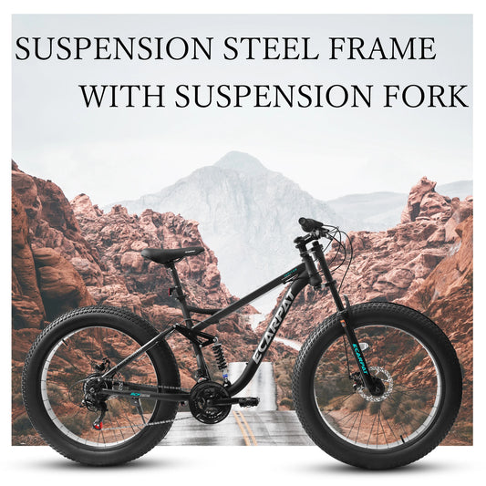 26"x4" Fat tire Mountain Bike, Full-Suspension 21 Speeds Disc-Brake
