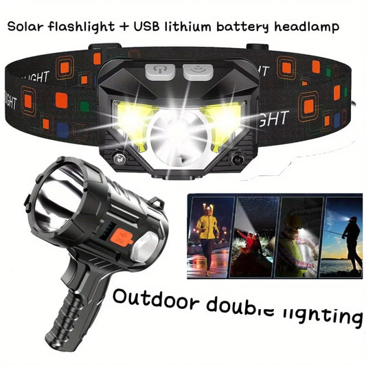 Solar/USB Rechargeable LED Flashlight - 3-in-1 Headlamp