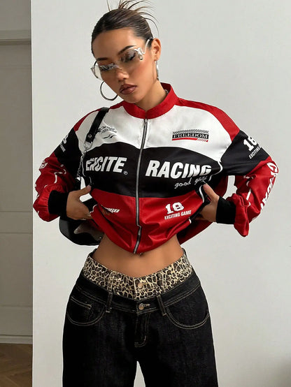 Racing Print Bomber Jacket Streetwear Style for Women