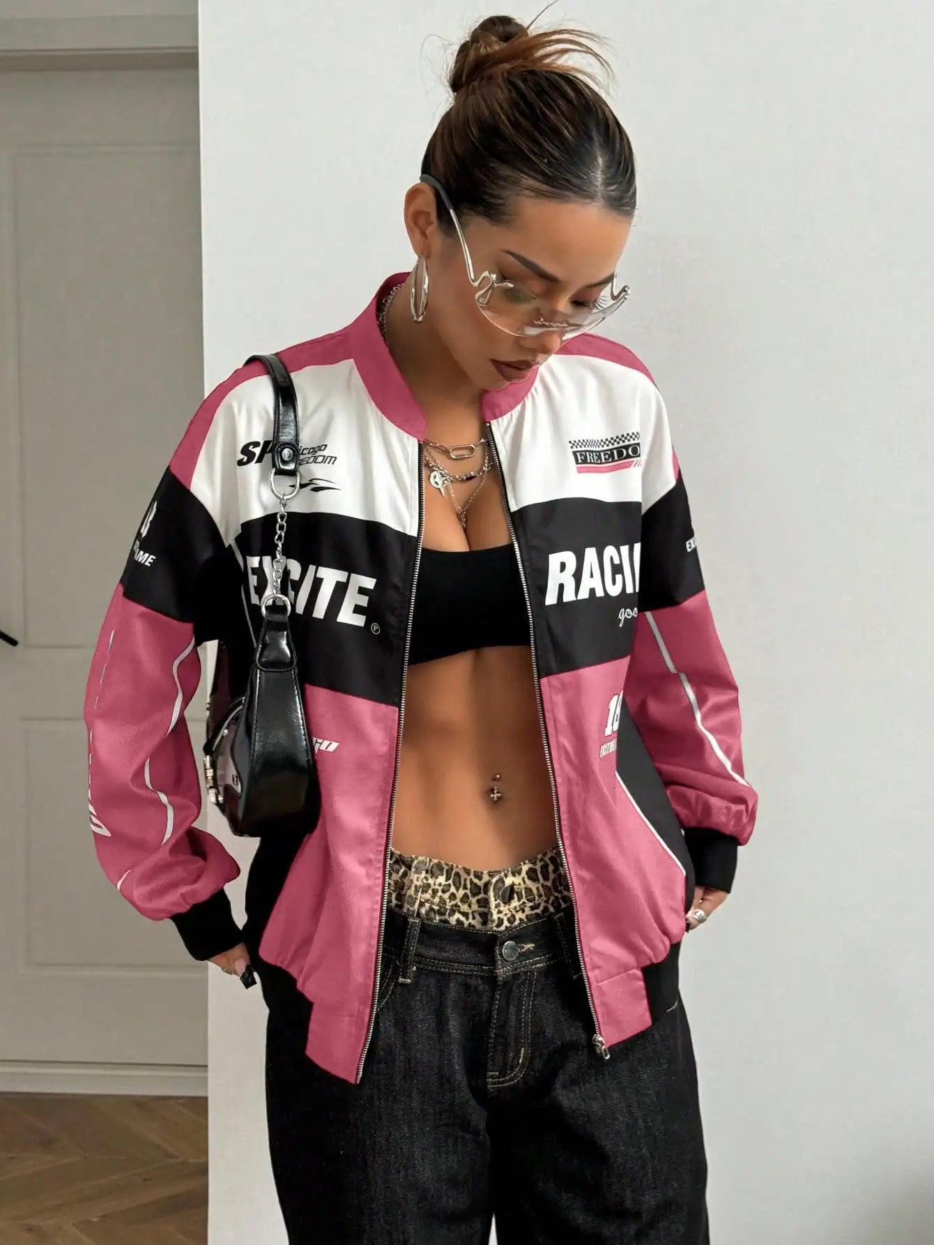 Racing Print Bomber Jacket Streetwear Style for Women