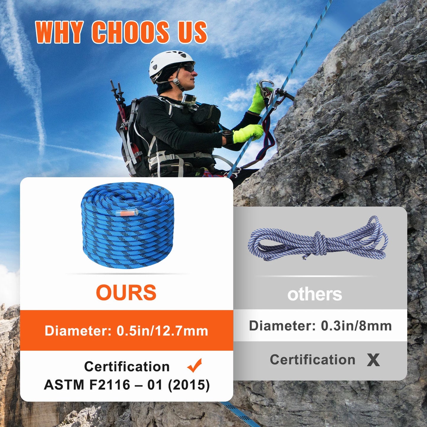 12.7mm Outdoor Fiber Climbing Rope 30KN Breaking Tension w/Snap Hooks