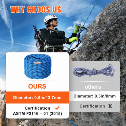 12.7mm Outdoor Fiber Climbing Rope 30KN Breaking Tension w/Snap Hooks