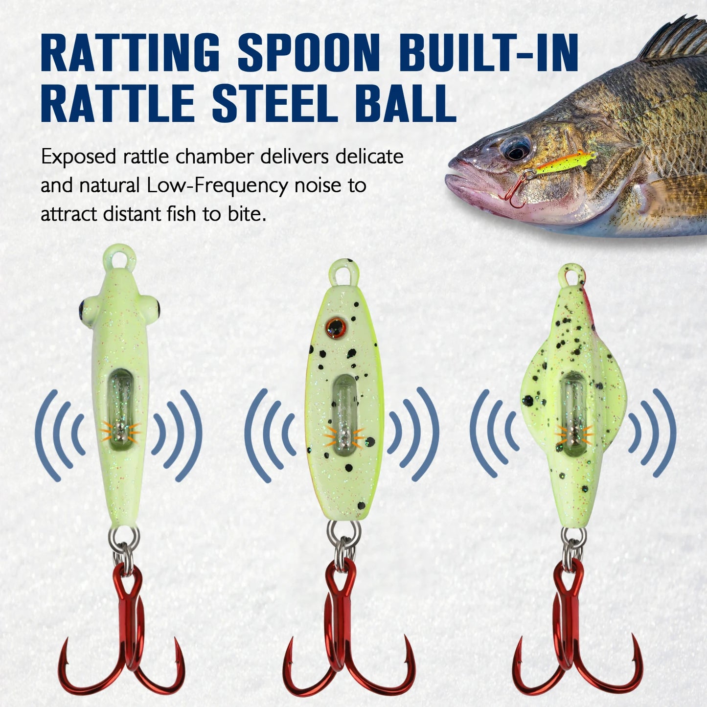 Ice Fishing Jigs Set - Glow In The Dark -Rattling - Treble Hooks,