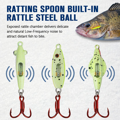 Ice Fishing Jigs Set - Glow In The Dark -Rattling - Treble Hooks,