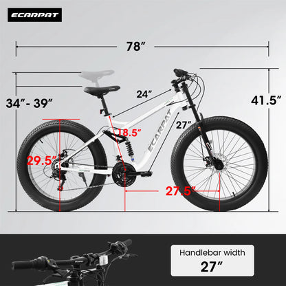 26"x4" Fat tire Mountain Bike, Full-Suspension 21 Speeds Disc-Brake