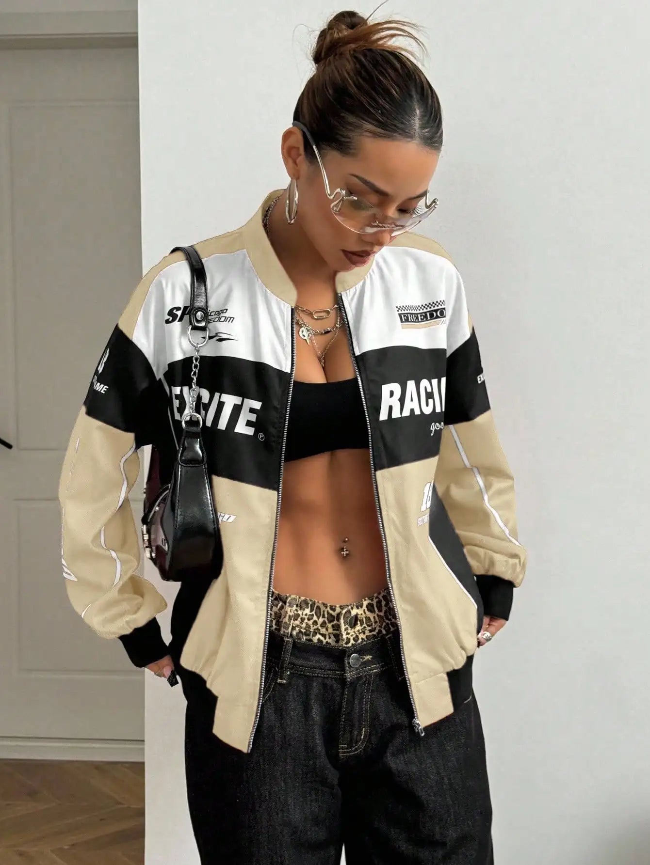Racing Print Bomber Jacket Streetwear Style for Women
