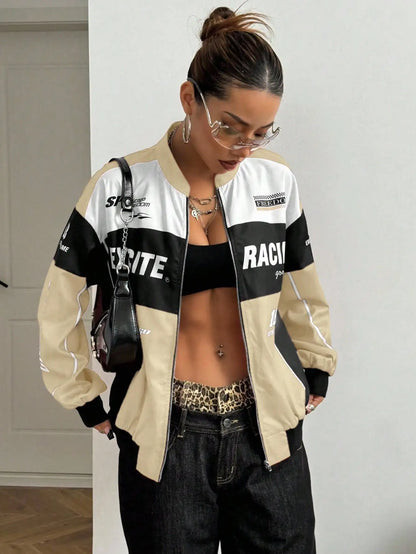 Racing Print Bomber Jacket Streetwear Style for Women