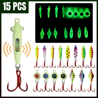 Ice Fishing Jigs Set - Glow In The Dark -Rattling - Treble Hooks,