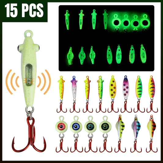Ice Fishing Jigs Set - Glow In The Dark -Rattling - Treble Hooks,