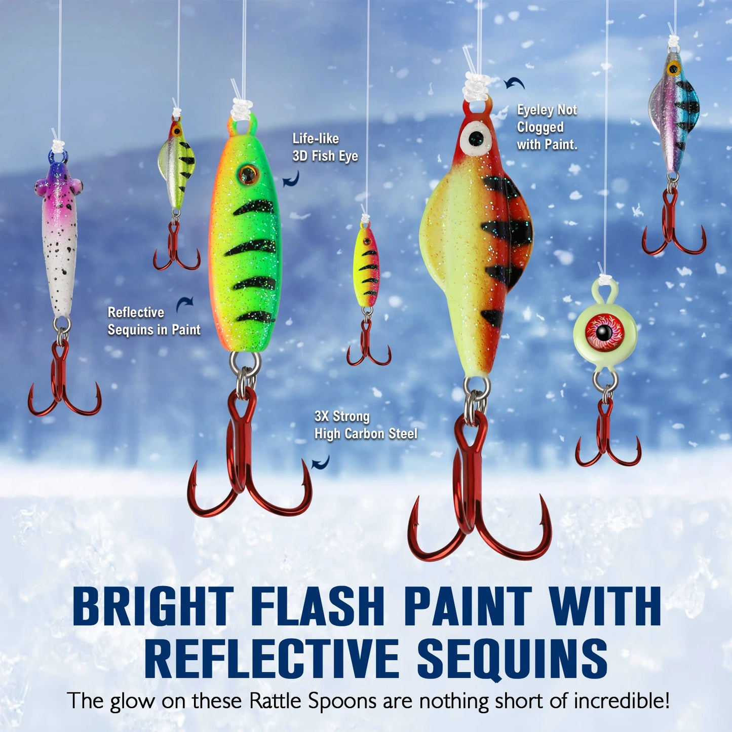Ice Fishing Jigs Set - Glow In The Dark -Rattling - Treble Hooks,