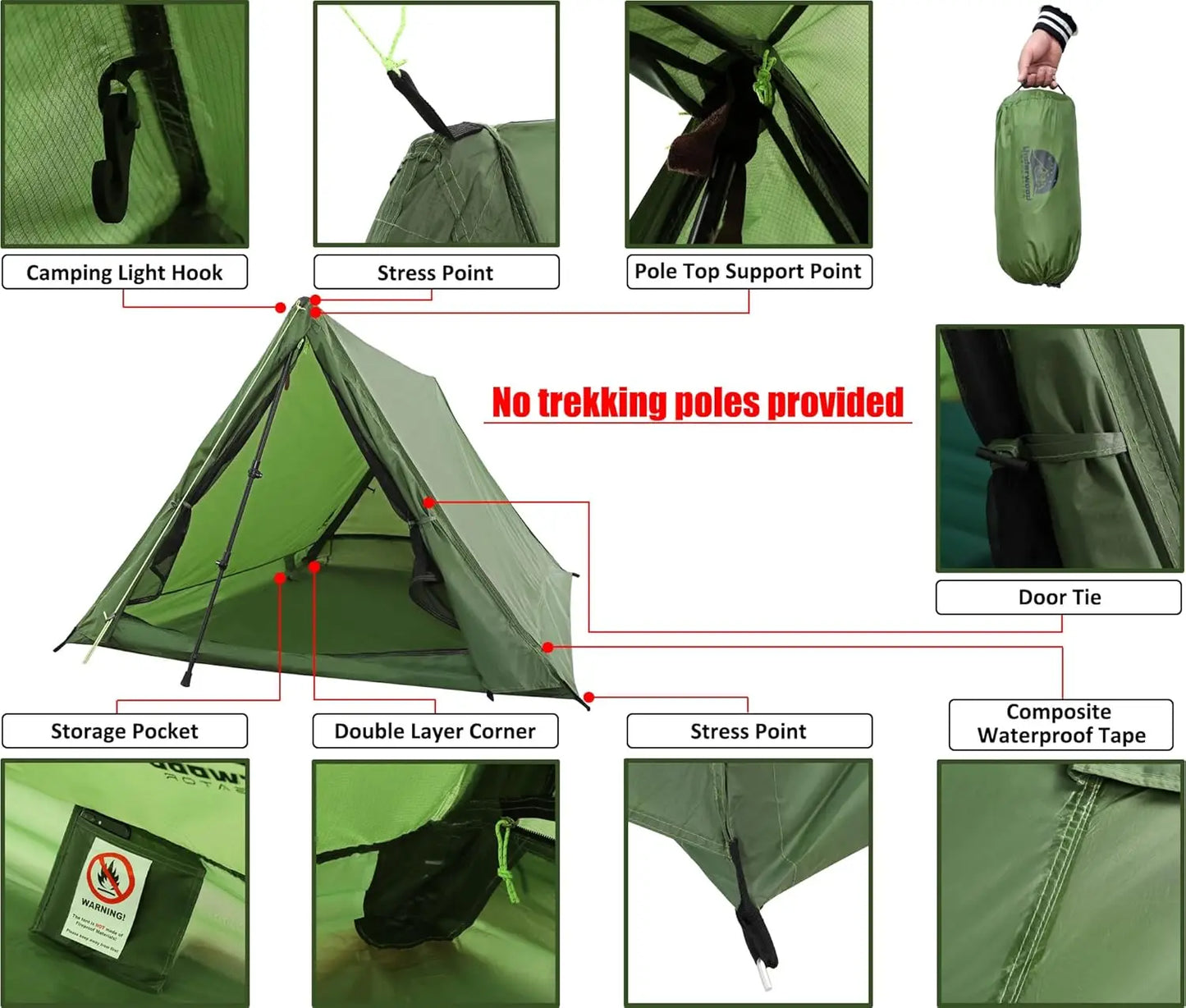 2-Person Trekking Pole Waterproof A-Frame Hiking Tent