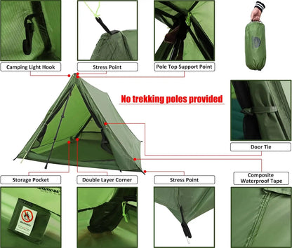 2-Person Trekking Pole Waterproof A-Frame Hiking Tent
