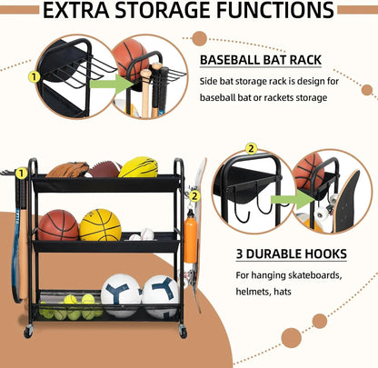 3-Shelf Basketball Rack Gym Organizer Indoor Outdoor Equipment