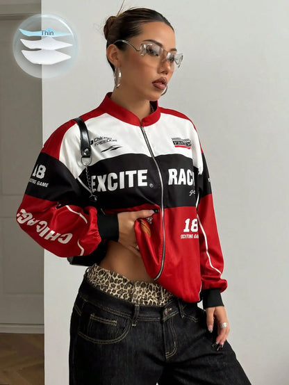 Racing Print Bomber Jacket Streetwear Style for Women