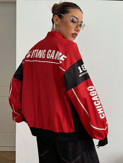 Racing Print Bomber Jacket Streetwear Style for Women