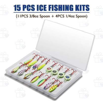 Ice Fishing Jigs Set - Glow In The Dark -Rattling - Treble Hooks,