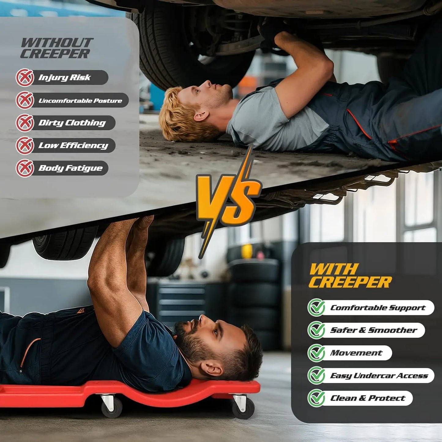 Mechanic Creeper - 40 Inch with Padded Headrest and Dual Trays