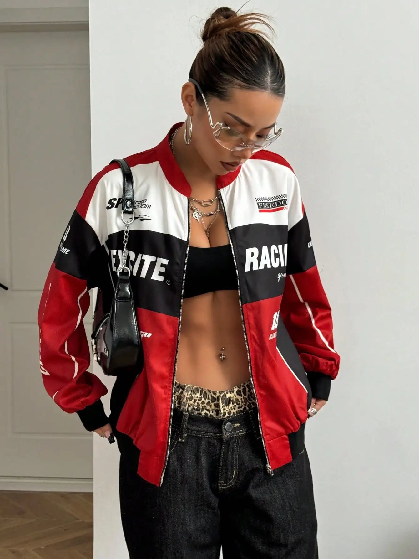Racing Print Bomber Jacket Streetwear Style for Women