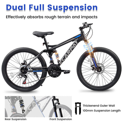Dual Full Suspension Mountain Bike 24/26/27.5 Inch, 21-Speed