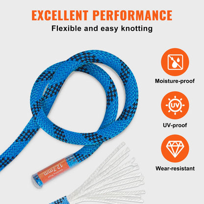 12.7mm Outdoor Fiber Climbing Rope 30KN Breaking Tension w/Snap Hooks