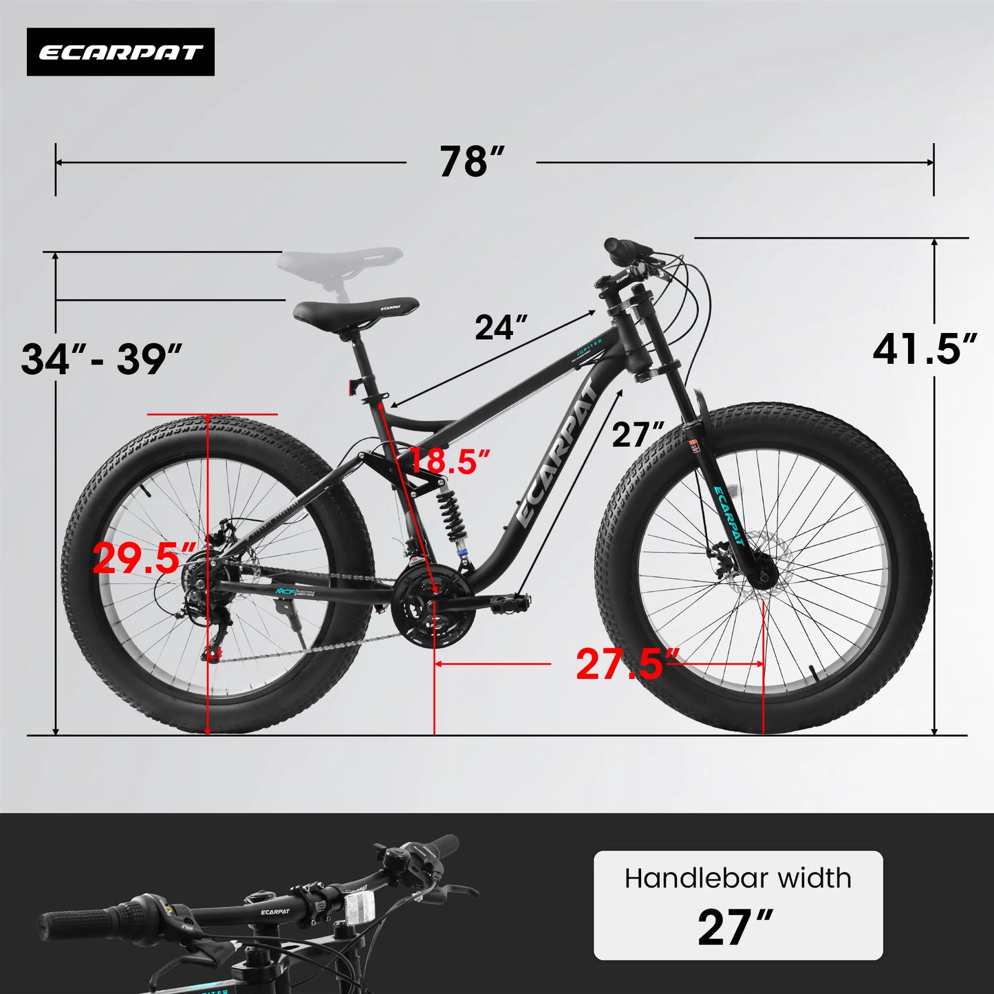 26"x4" Fat tire Mountain Bike, Full-Suspension 21 Speeds Disc-Brake