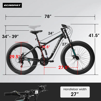 26"x4" Fat tire Mountain Bike, Full-Suspension 21 Speeds Disc-Brake