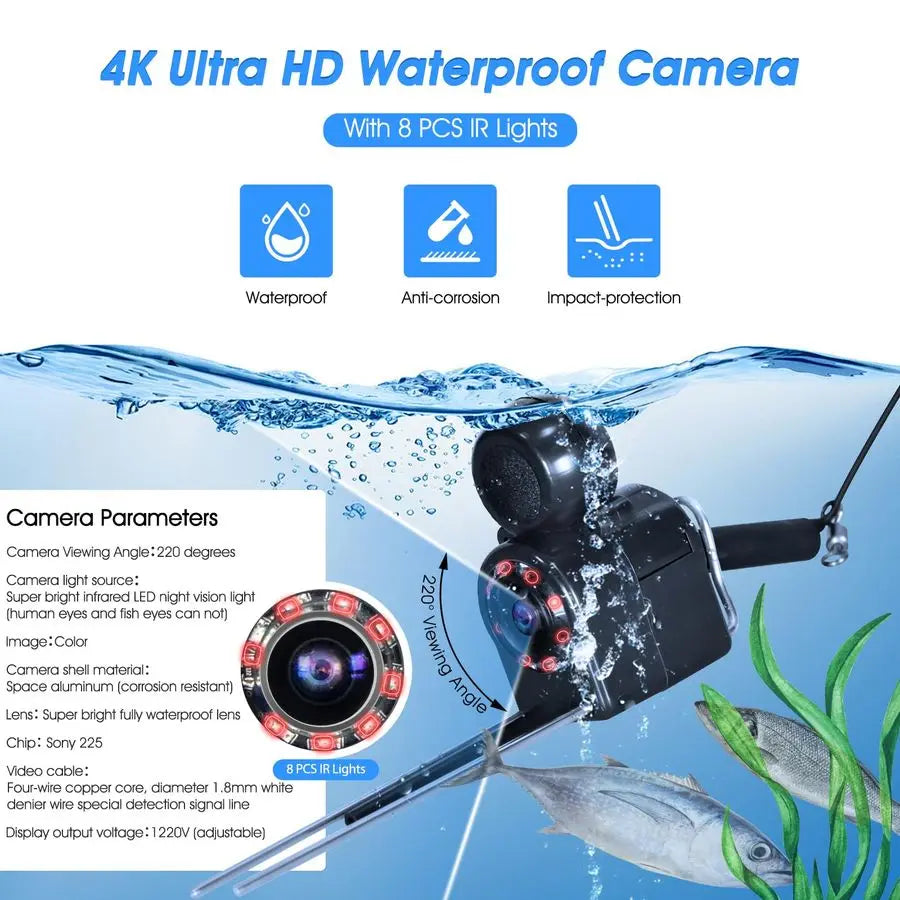 Finder Underwater Fishing Camera 5 Inch Upgraded HD 4K Display Ice Fishing Camera Underwater 8 IR Lights Night Vision Portable B