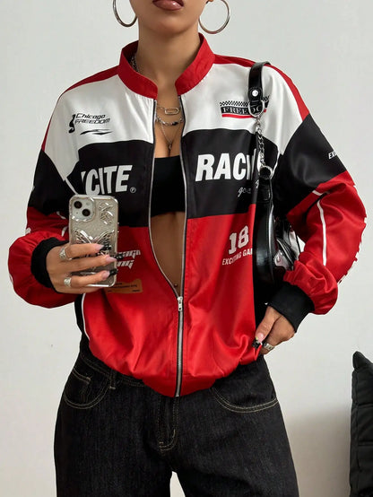 Racing Print Bomber Jacket Streetwear Style for Women