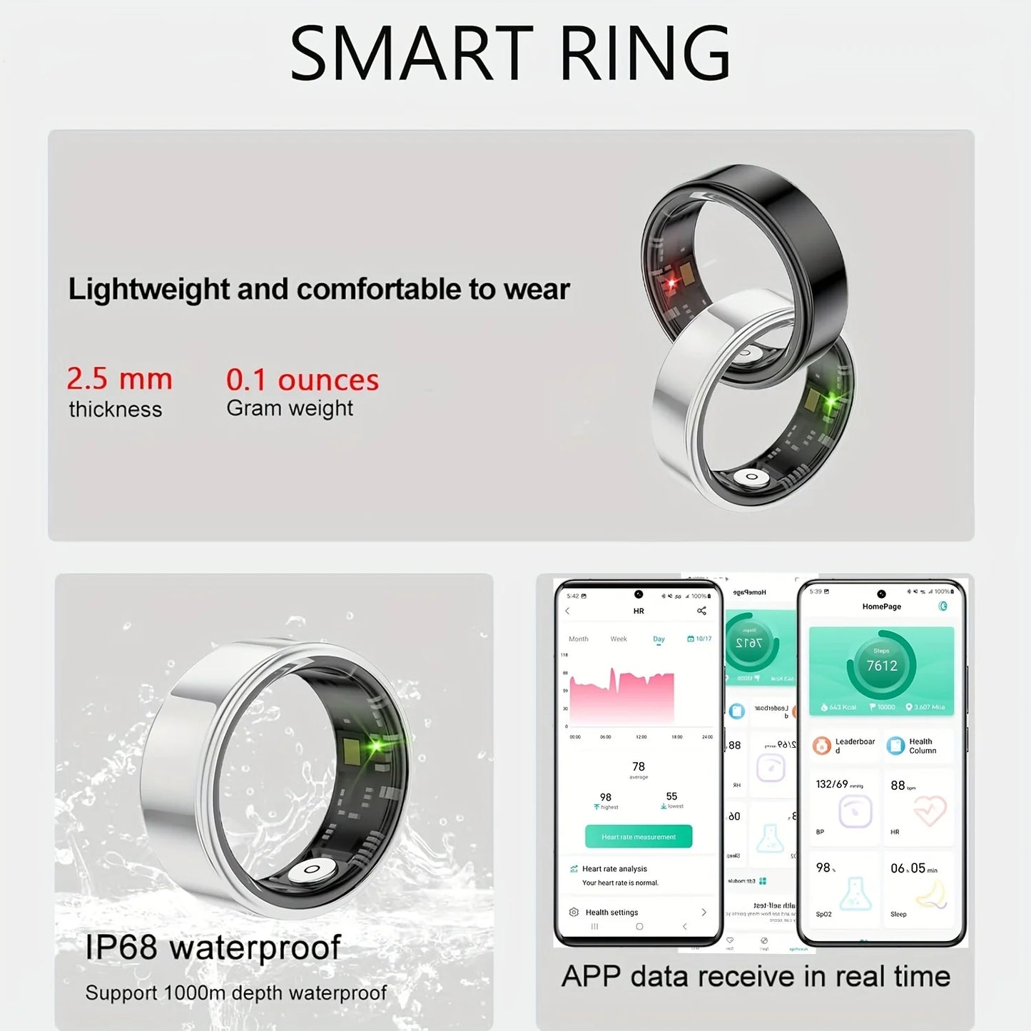 Smart ring, sleep and motion monitoring, iPhone/ Android compatible