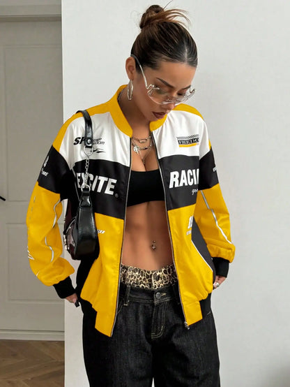 Racing Print Bomber Jacket Streetwear Style for Women